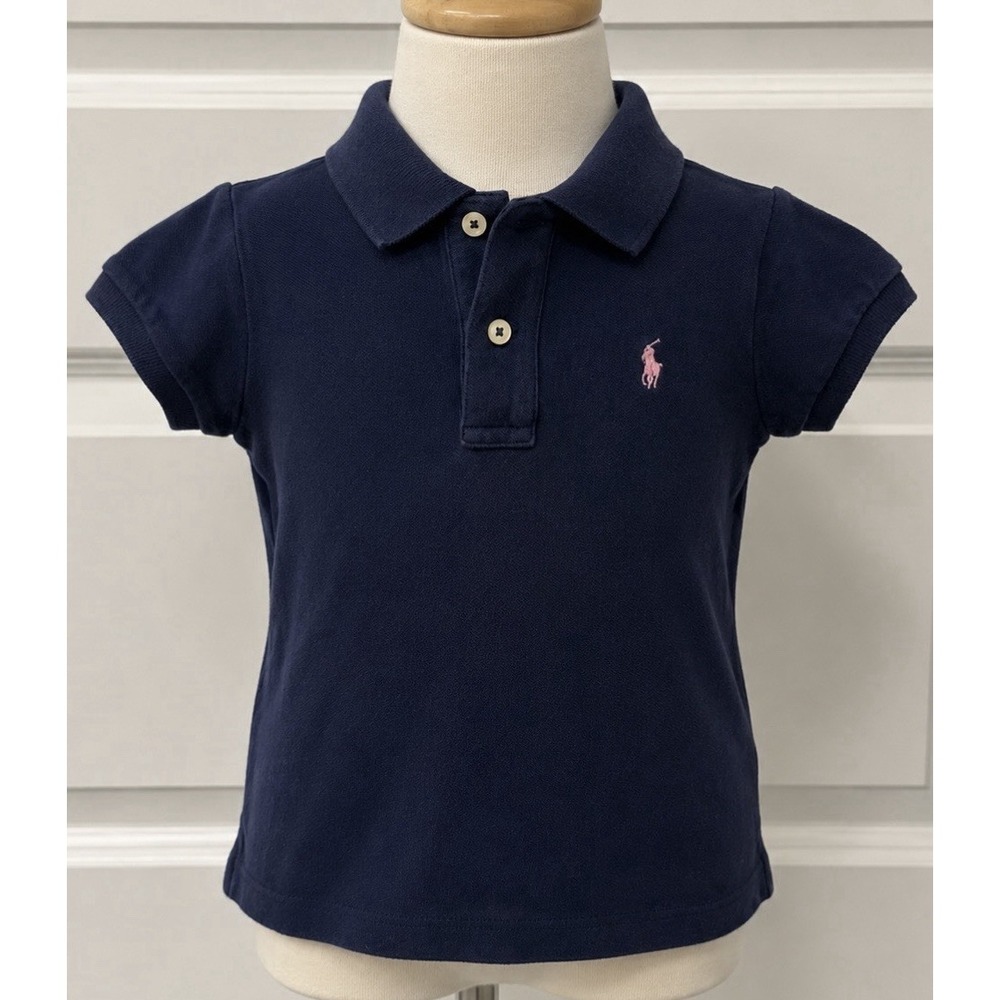 RALPH LAUREN POLO Girls Short Sleeve Shirt 4 4T Navy Blue Pink Pony Cotton